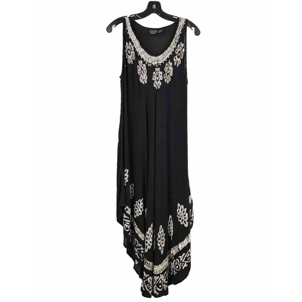 Pagoda Shift Dress Free Size Black Cream Floral Asymmetrical Hem Boho‎ Hippie